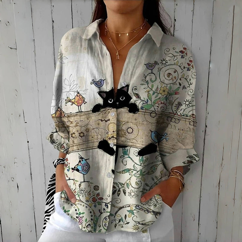 Vintage Kreative Bluse Mit Katzenmuster