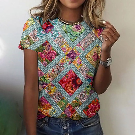 Floral Print Lace Patchwork T-Shirt