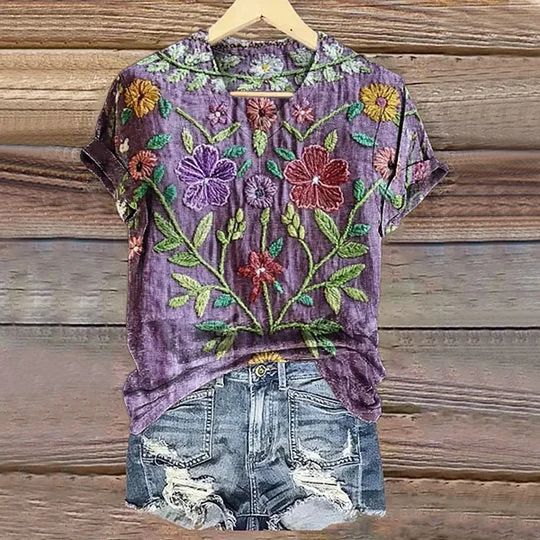 Floral Print Lace Patchwork T-Shirt