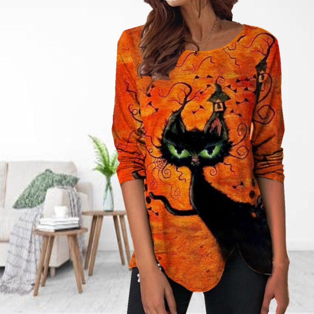 Halloween-Bluse Mit Katzenprint