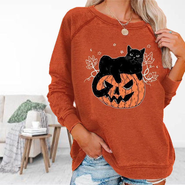 【100% Baumwolle】Halloween-T-Shirt Mit Katzendruck