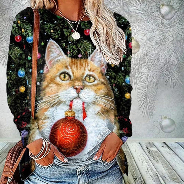 Weihnachts-T-Shirt Mit Katzen-Print