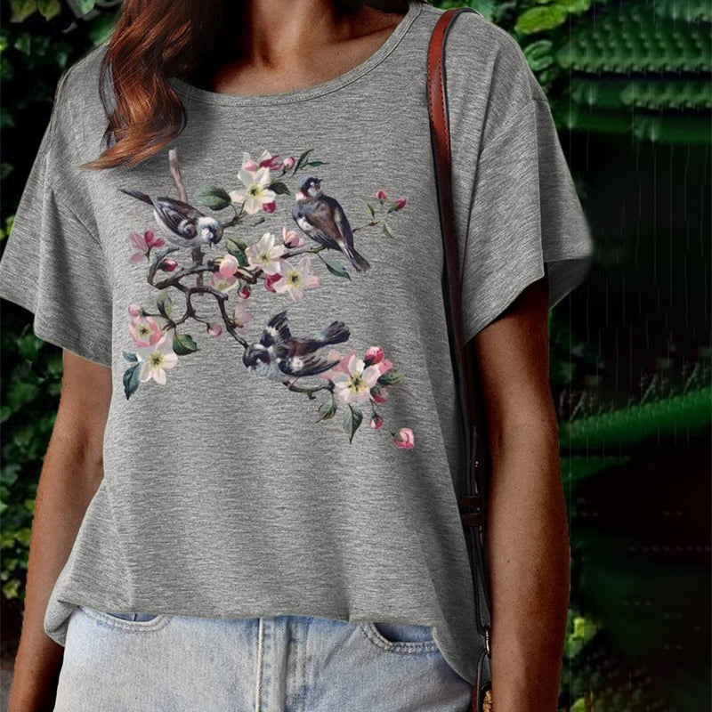 【100% Baumwolle】T-Shirt Mit Floralem Tiermotiv-Print
